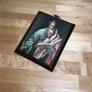 Vintage Handmade Artist El Greco's Apostle Saint Matthew Print on Wood 6.5"x5"